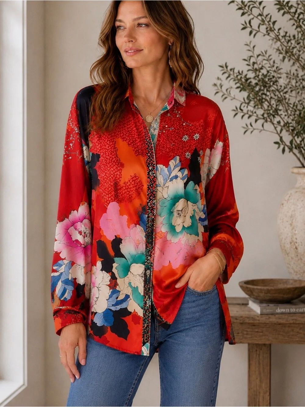 Johnny Was 100% Silk Floral Button Front Blouse Tunic Red Boho Size S